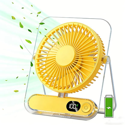Folding Desk Fan with 3000mAh Battery, Five Settings, Numeric Display and White, Yellow or Green Finish