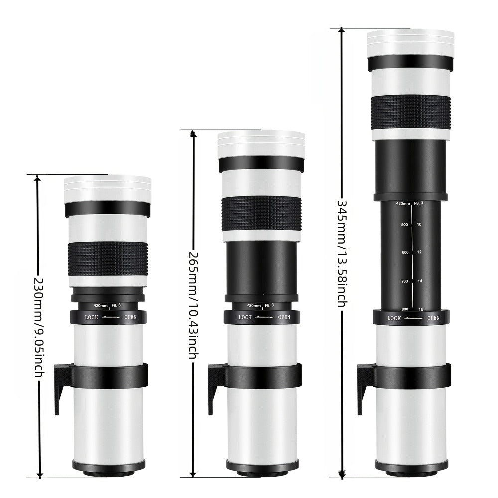 420-800mm High-Power Telephoto Zoom Lens F8.3-16 for Canon EF Mount DSLR Cameras Manual Focus T-Mount Adapter Included Compatible with Multiple Camera Models for Wildlife Bird Moon Photography