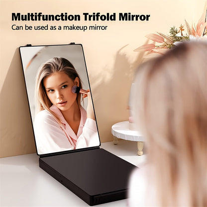 Hair Cutting Mirror 3 Way with LED Light - 360° View Trifold Barber Mirror, Adjustable Height, Door Hang Wall Mount or Tabletop