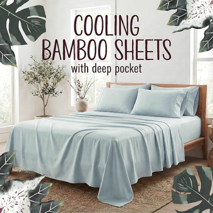 Bed Sheet Set 4-Piece Bamboo Fiber with Deep-Pocket Fitted Sheet, Four Sizes and Twelve Color Options