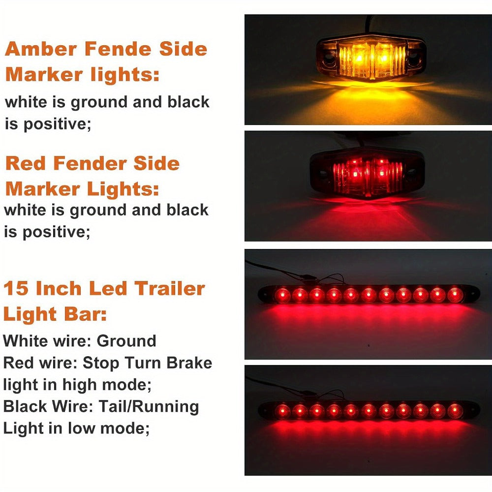 Trailer LED Light Kit – Square Stop Turn Tail Lights, 29FT Wiring Harness, 6 LED Marker Lights & 11-LED Light Bar with License Plate Bracket | 12V