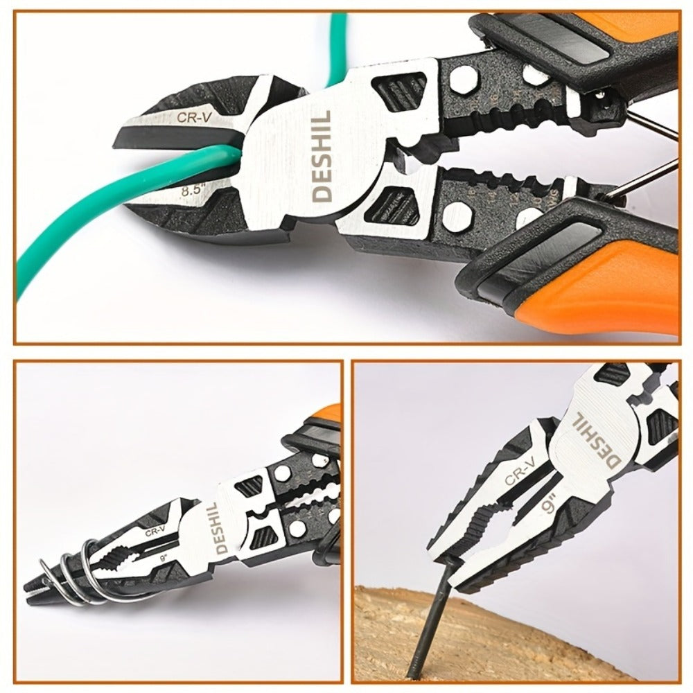 Pliers Set 9-in-1 Multi-Function Industrial Grade, 8.5" Lineman Pliers, 8.5" Long Nose Pliers, 8" Diagonal Side Cutters, CRV Steel TPR Handle Wire Stripper Crimper Cutter for Electrical & Auto Repair