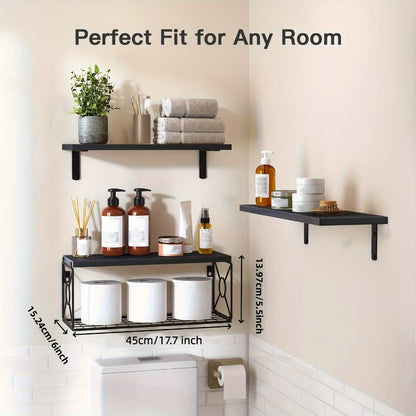 Floating Shelves Over Toilet 3-Piece Set | Farmhouse Bathroom Wall Mounted Storage Shelf for Toilet Paper, Towels & Decor – Black, Brown, Burlywood