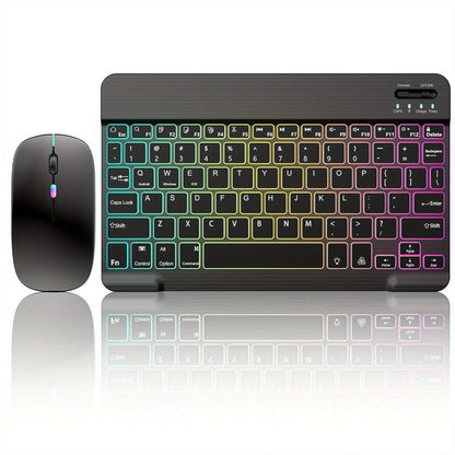 Wireless RGB Backlit Gaming Keyboard and Mouse Combo with Mouse Pad – 10-Inch Portable Keyboard Mouse Set for PC iOS Android Tablets | Rechargeable RGB Desk Setup Keyboard