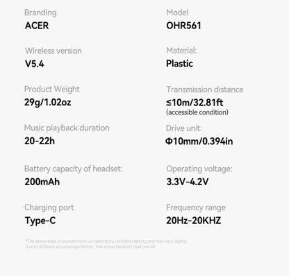 Acer TWS Wireless Earbuds Gaming Mode Low Latency, Noise Isolation Stereo Sound USB-C Charging Long Battery Life