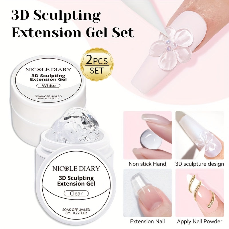 3D Sculpting Builder Gel Kit with Carving Pen — Clear & White Nail Extension Gel for Floral Nail Art, Acrylic Extensions & DIY Salon Manicure, Professional Nail Modeling Gel Set 2pcs or 3pcs for Women