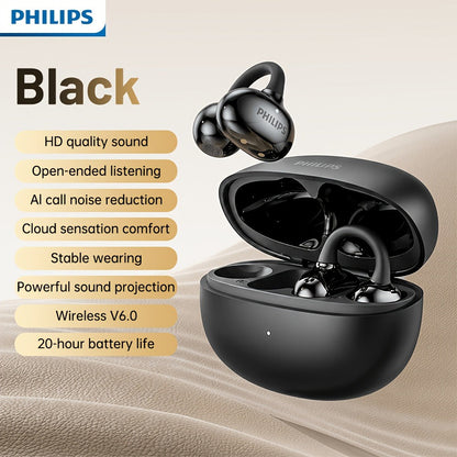 Philips TWS Ear Clip Sport Headset Hi-Fi Bass Stereo HD Calls Earhook Wireless Bluetooth for Music Gaming Business iOS Android Gift for Couples Valentine Black Gold