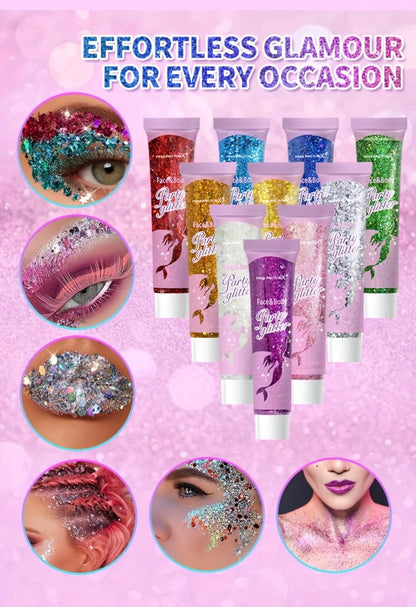 30-Piece Face and Body Glitter Gel Set with Mermaid Shapes, Stars and Hearts for Festival Makeup