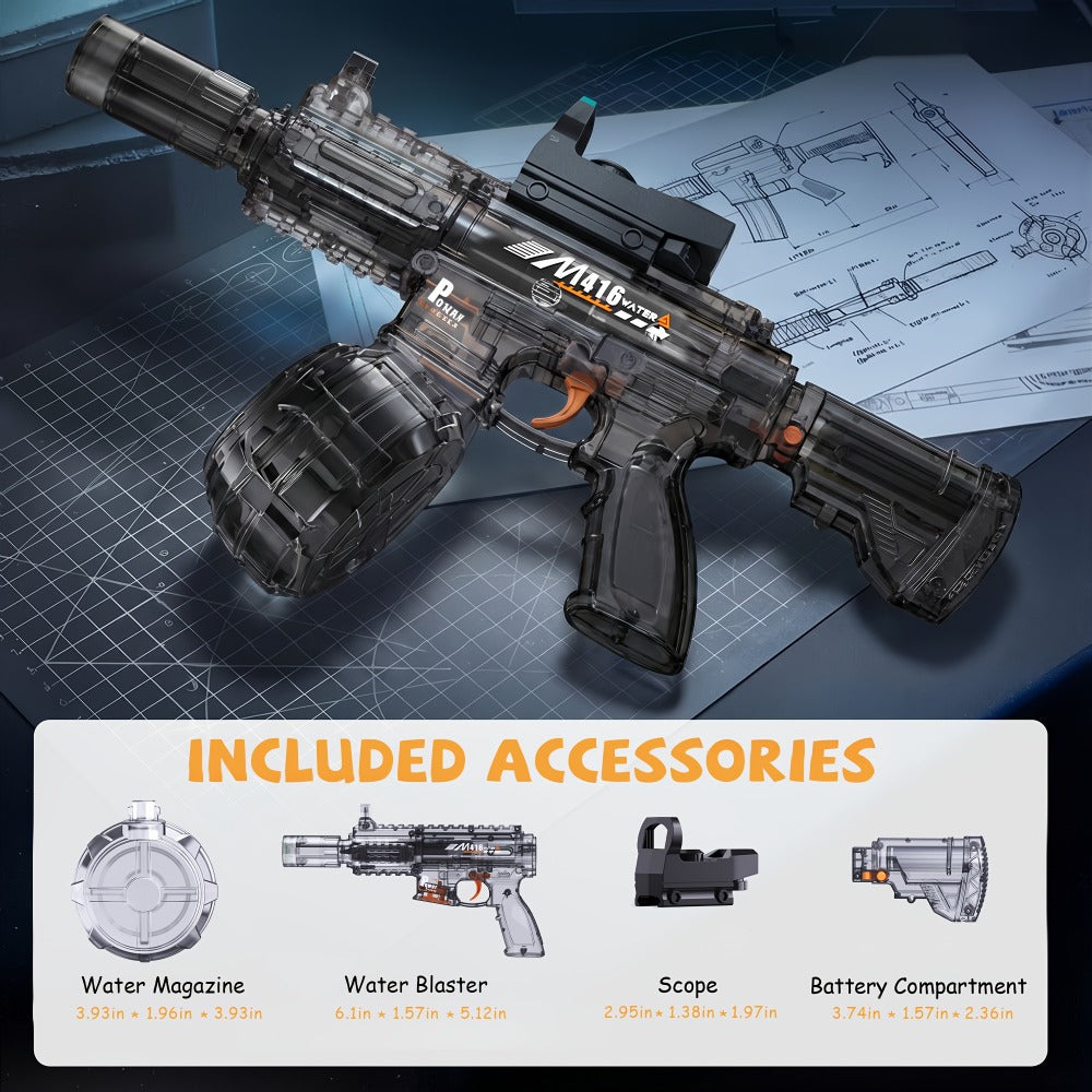 Electric Water Blaster with Detachable Round Reservoir, Sight Accessory and Black or Blue Body
