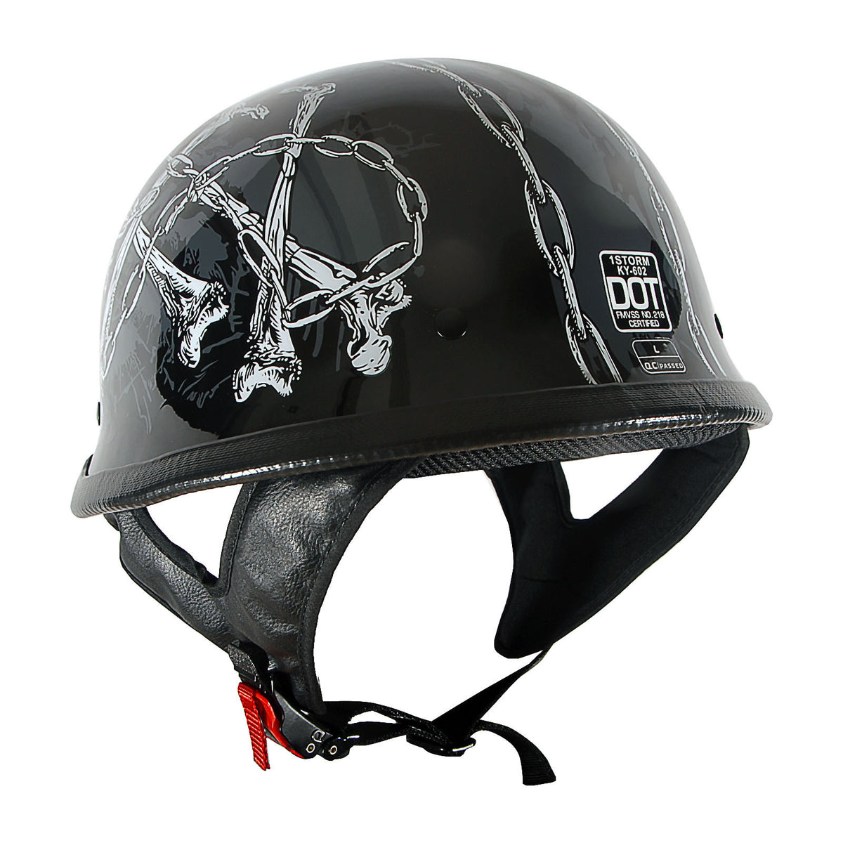 German Style Motorcycle Half Face Helmet – Novelty Skull & Carbon Fiber Design, UV Glossy Finish, Removable Washable Padding, Quick Release Buckle, Adult M/L/XL