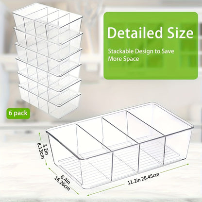 Six-Piece Clear Pantry Organizer Bin Set with Removable Dividers for Cabinets, Fridges and Shelves