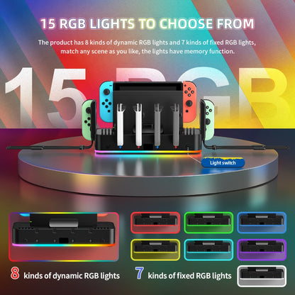 RGB Wall-Mount Organizer Compatible with Switch and OLED, Four Controller Bays, Ten Card Slots and Dual USB Ports