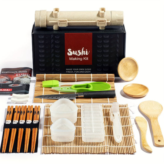Sushi Making Kit 22-in-1 with Bamboo Rolling Mats Chef Knife Triangle Nigiri Gunkan Molds Chopsticks Beginner Guide – Complete DIY Sushi Set for Home Kitchen Japanese Cooking Gift