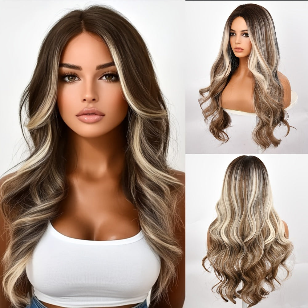Synthetic Wig 30-Inch Water-Wave Curls with Brown Highlights, Middle Part and Rose Net Cap