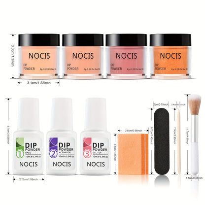Dip Powder Nail Kit with NOCIS Label, Four Orange Brown Glitter Powders, Three 10ml Liquids and Four Tools