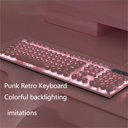 Retro Round-Key Wired Keyboard and 6D Mouse Set with Pink or Blue USB Color Options and One-Touch Lighting