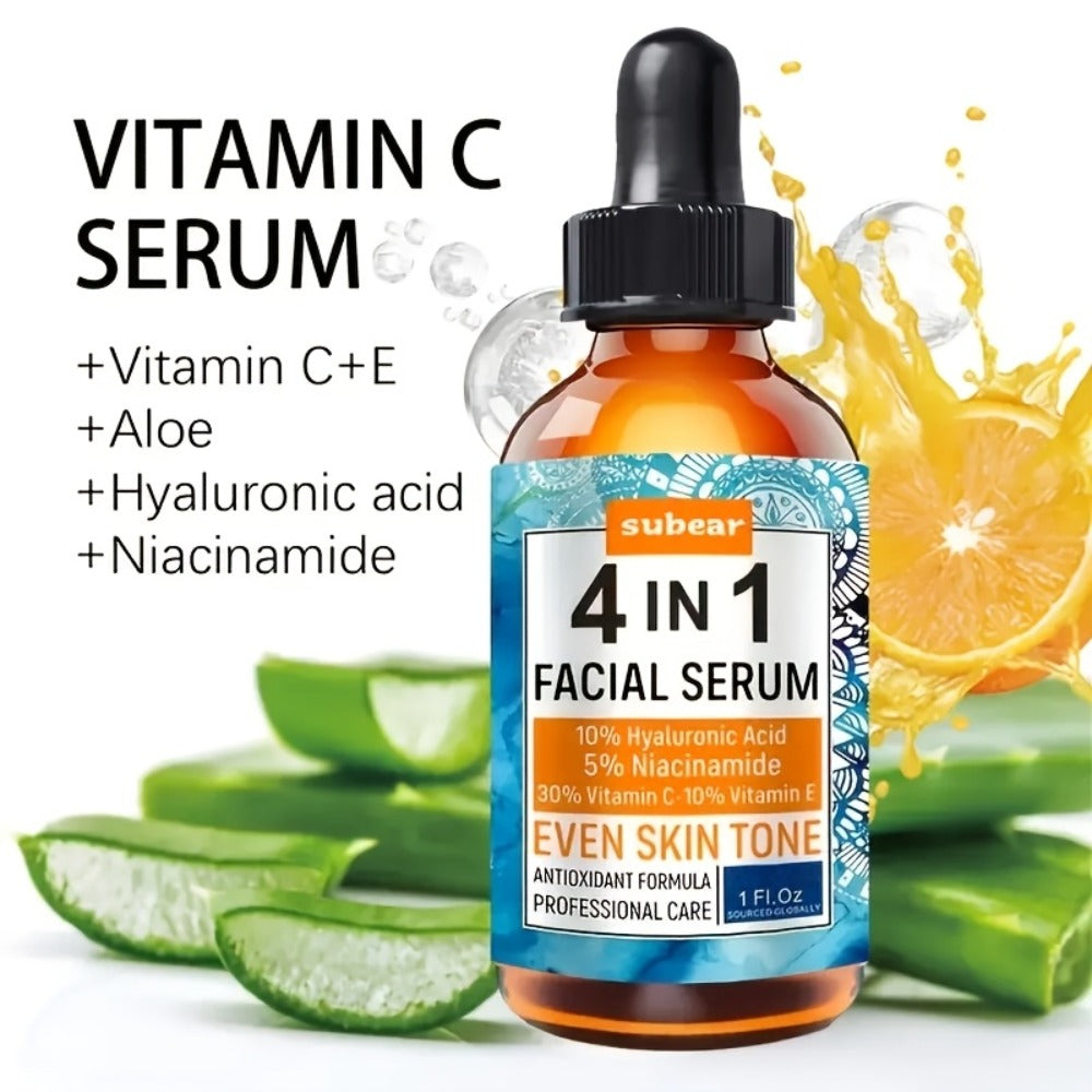 Face Serum 4-Piece Set with 30ml Hyaluronic Acid, Niacinamide, Vitamin C and Vitamin E Dropper Bottles