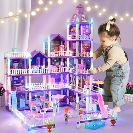 LED Dollhouse Playset for Girls – Purple Multi-Room Playhouse with Doll Figures, Puppies, Furniture & LED Lighting, 6 to 16 Room Options, Creative Imaginative Gift for Girls Ages 3-10 Birthday Christmas