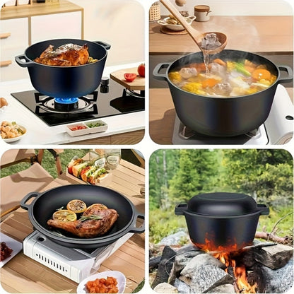 Cast Iron Dutch Oven Set 5.1QT & 7QT with Skillet Lid – Pre-Seasoned 2-in-1 Cookware for Stovetop, Induction, Oven, Campfire & BBQ, Sourdough Bread Baking, Frying, Camping