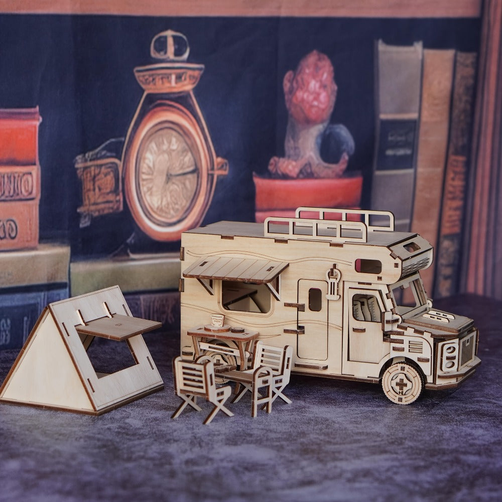 Wooden RV 3D Puzzle Model Kit with Motorhome Body, Fold-Out Side Panels and Miniature Camping Furniture