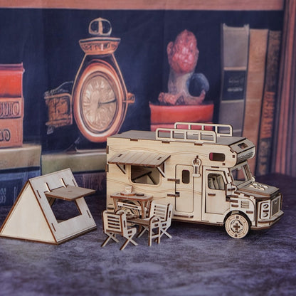 Wooden RV 3D Puzzle Model Kit with Motorhome Body, Fold-Out Side Panels and Miniature Camping Furniture