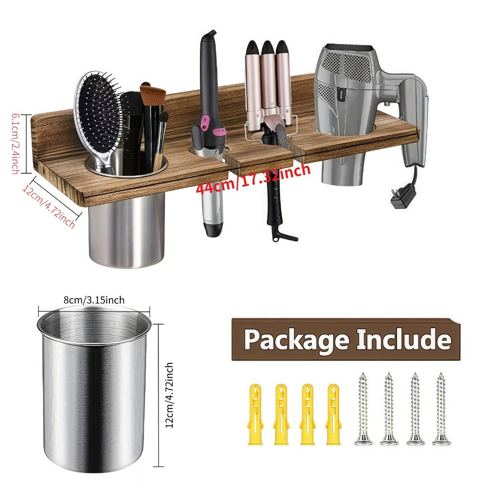 Wall-Mounted Wooden Hair Tool Organizer with Holder for Hair Dryer, Curling Iron and Brushes in Two Colors