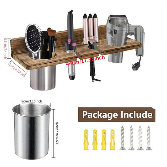 Wall Mounted Hair Tool Organizer – Wooden Hair Dryer Holder & Storage Rack for Curling Iron, Straightener & Brushes, Rustic Bathroom Salon Shelf (Brown & Black)