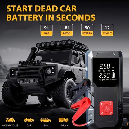 Portable Car Jump Starter 10000A – 9-in-1 Battery Booster with 350PSI Tire Inflator, LED Light, USB-C Fast Charging, Power Bank for 12V Gas & Diesel Vehicles, Emergency Car Tool