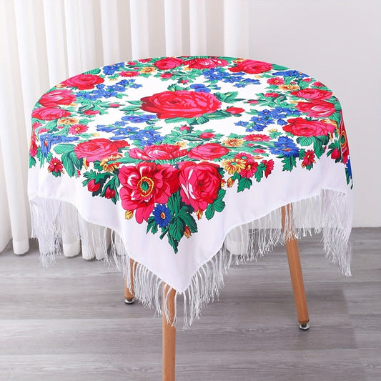 Floral Square Tablecloth with Tassels - Multicolor Flowers, Machine-Washable Polyester, Kitchen & Dining Room Table Cover with Tassel Trim