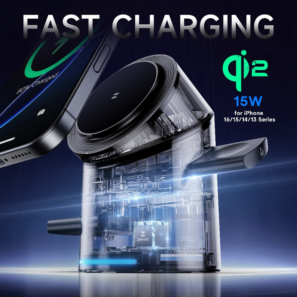 Wireless Charging Station, ZEEHOO CylinTrick-R Qi2-Marked 15W Rotating 3-in-1 Stand in White or Black