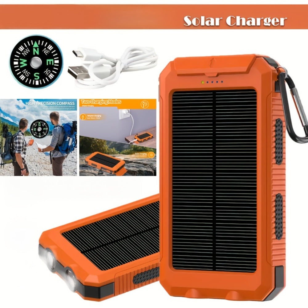 Solar Power Bank, 10000mAh USB Charger with Solar Panel, LED Flashlight, Compass, Data Cable and Backpack Hook