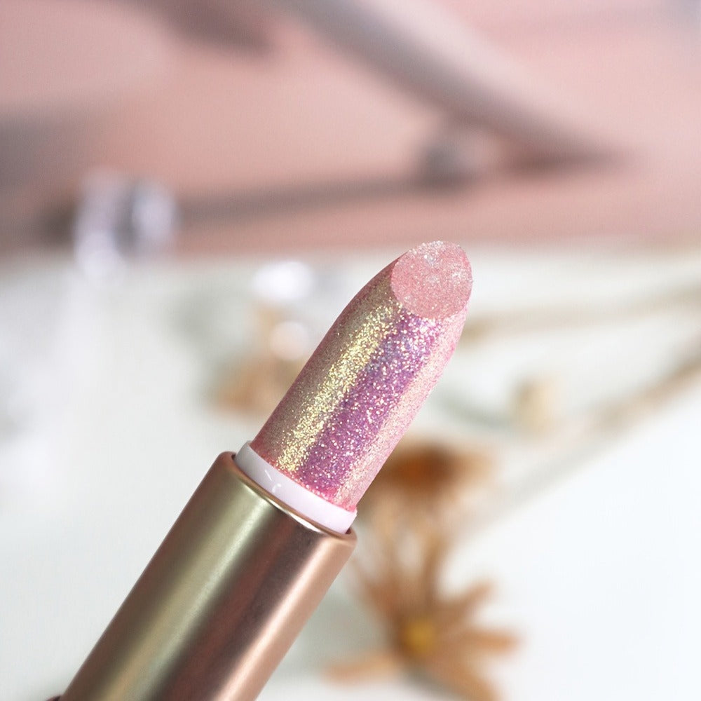 Three-Piece Glitter Shimmer Lipstick Set with Pearlescent Pink-Gold Finish for Party and Stage Makeup