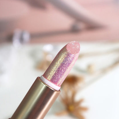 Three-Piece Glitter Shimmer Lipstick Set with Pearlescent Pink-Gold Finish for Party and Stage Makeup