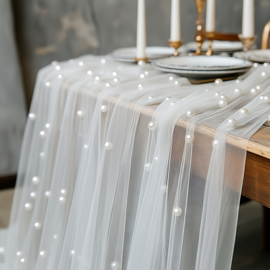 White Pearl-Embellished Sheer Tulle Fabric Roll in 160 x 300 cm Size for Backdrops and Table Decor