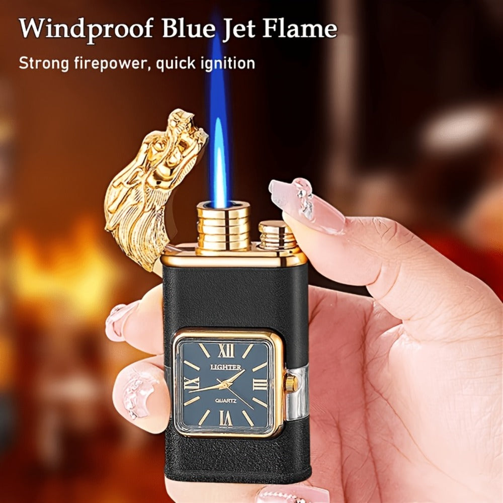 Quartz-Dial Torch Lighter with Rectangular Black Body and Three Sculpted Top Style Options