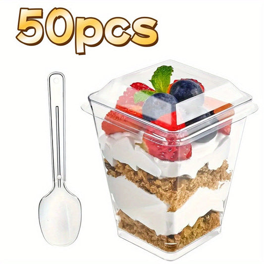 Disposable Dessert Cups with Lids & Spoons, 5oz Plastic Pudding Cups Set — 50/100/150/200 Pack Mini Clear Cups for Parties, Weddings, Picnics, Camping & Family Gatherings
