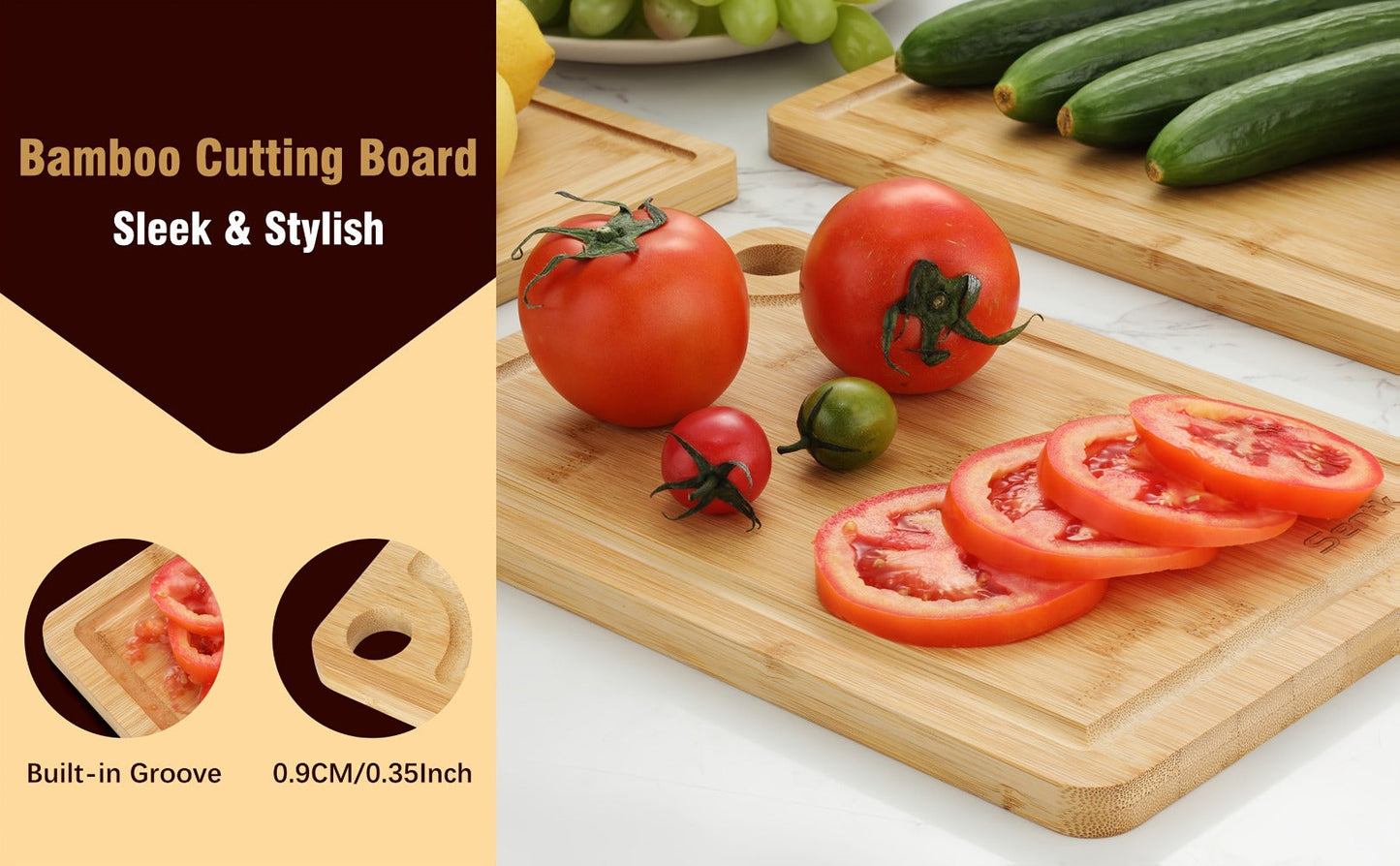 Wood Cutting Board Set of 3 Natural Wooden Chopping Boards with Juice Groove & Non-Slip Edges – Reversible Design for Meat BBQ Home Kitchen Restaurant Holiday Gift
