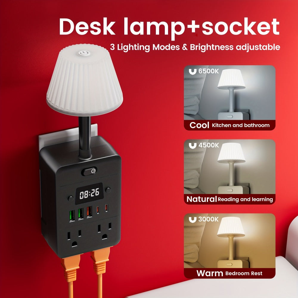 Power Strip Desktop Station with LED Clock, Desk Lamp, 4 AC Outlets, 3 USB-A, 2 USB-C and Master Switch