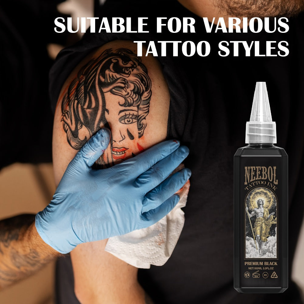 Black Tattoo Ink 3.38oz 100ml - Neebol Premium Super Dark Formula for Outlining Shading Blending, Long-Lasting Fade-Resistant Body Art Ink for Professional Tattoo Artists & Beginners