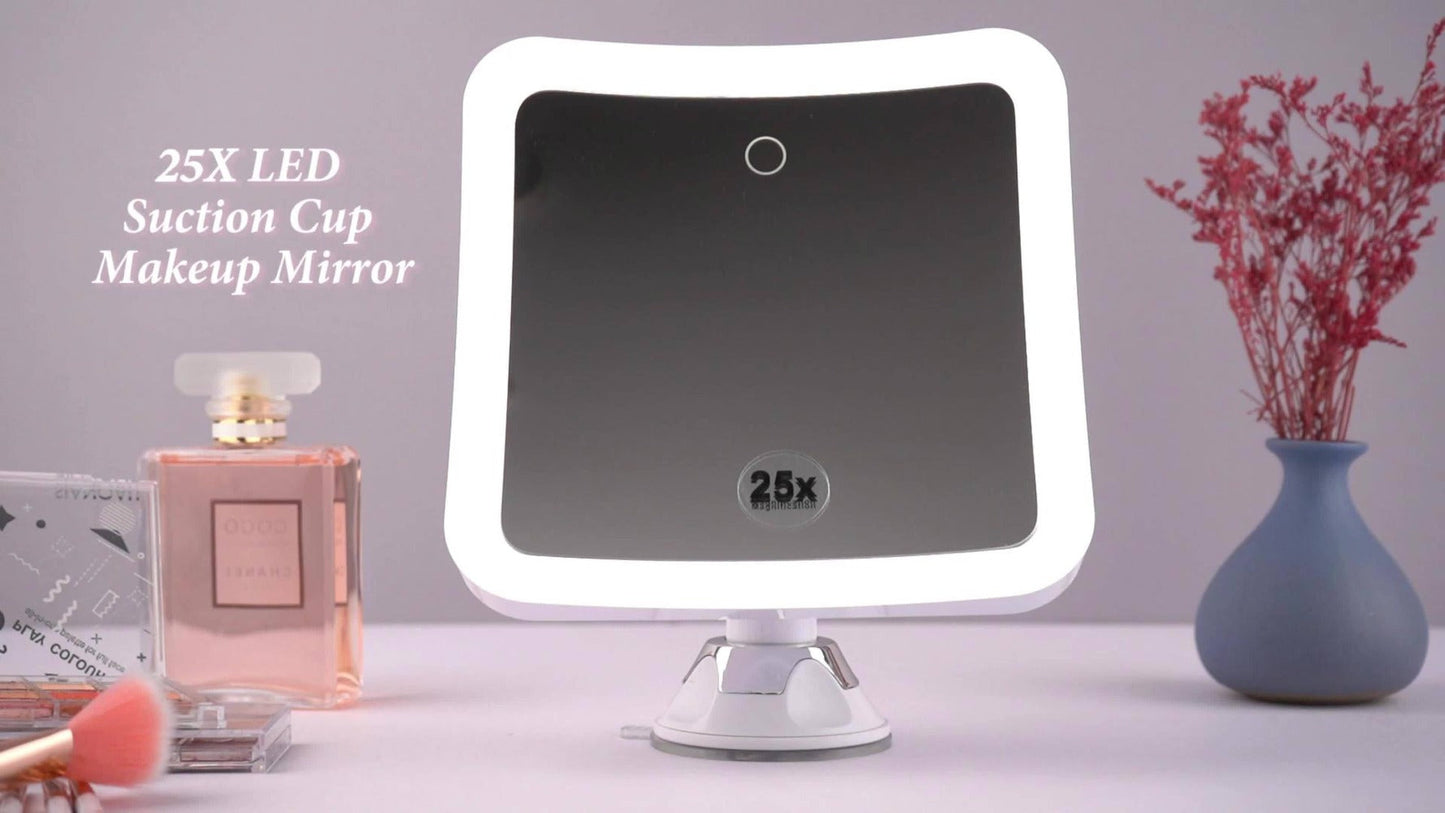 25X Magnifying Mirror with LED Light Suction Cup Mount, Lighted Makeup Mirror 360° Rotation Touch Control 3 Color Modes 2000mAh Rechargeable for Bathroom Vanity Eyebrow Skincare, Tweezer Gift Set