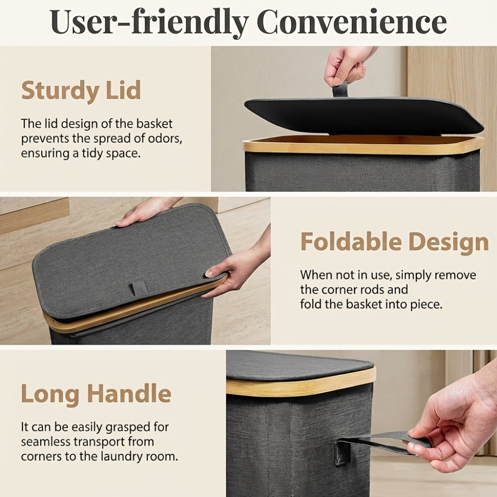Slim Laundry Hamper with Lid & Removable Bag – Foldable Narrow Clothes Basket with Bamboo Handles for Bathroom, Bedroom & Dorm – 50L / 65L / 75L Space-Saving Collapsible Laundry Bin