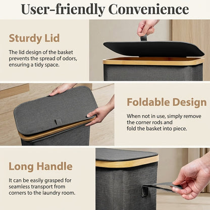 Slim Laundry Hamper with Lid & Removable Bag – Foldable Narrow Clothes Basket with Bamboo Handles for Bathroom, Bedroom & Dorm – 50L / 65L / 75L Space-Saving Collapsible Laundry Bin