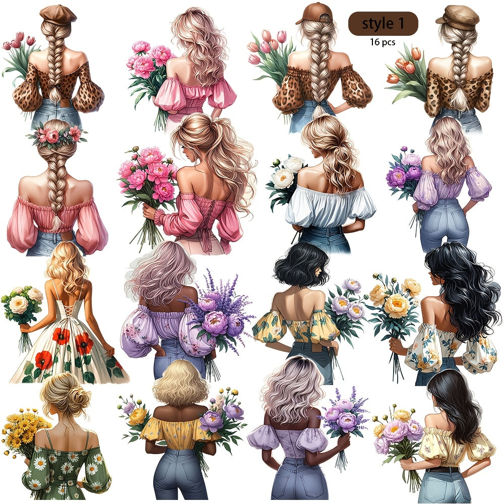 Floral Girl Journaling Sticker Set with 16 Cut-Out Designs in Style 1 or Style 2 for Planners and Scrapbooks