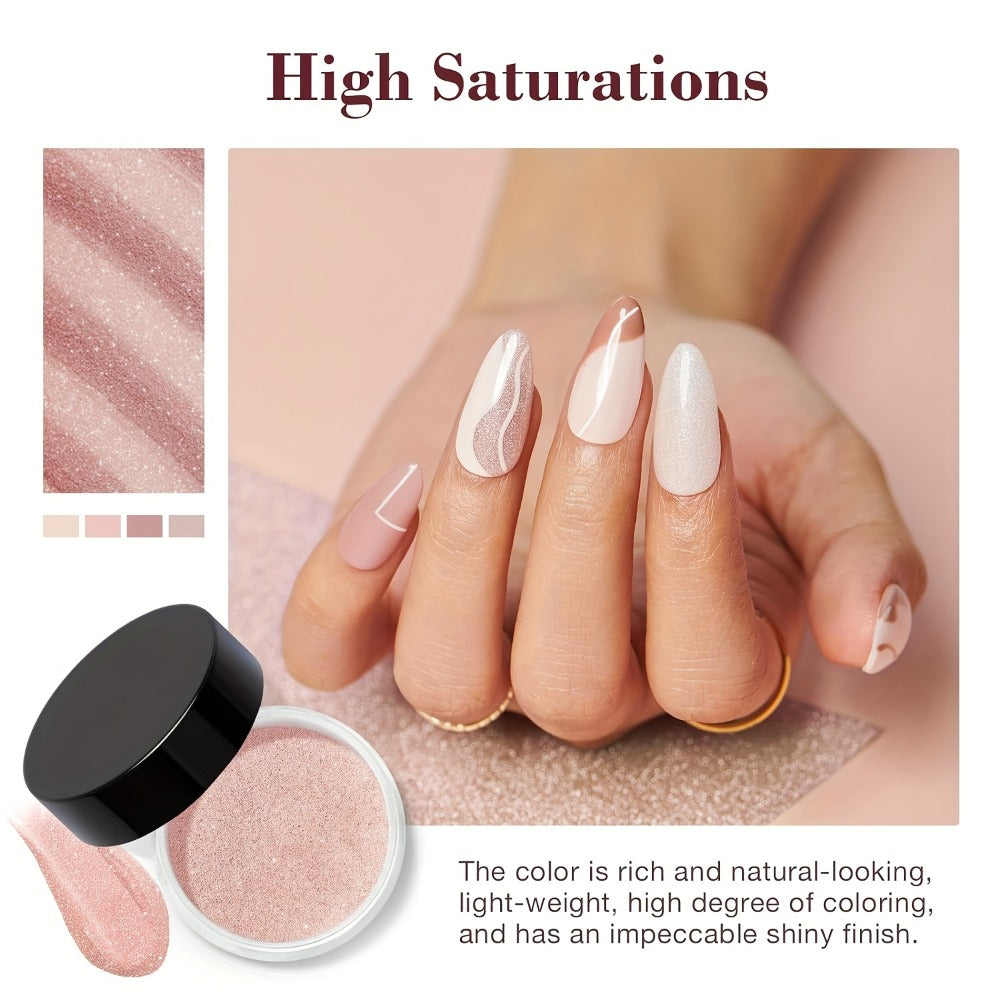 Dip Powder Nail Kit with YANYILIKE Label, Four Nude Shimmer Powders, Three 10ml Liquids and Four Tools