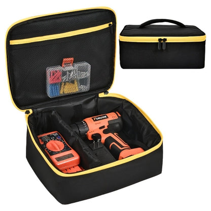 Tool Bag for Dewalt Cordless Router DCW600B XTR01Z - Heavy Duty Fabric Organizer with Mesh Pockets, Battery Holder, Charger Compartment, Drill Bit Storage, Black Yellow Trim