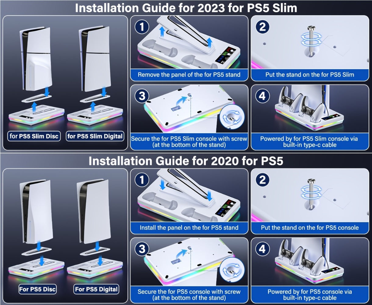 RGB Console Stand Compatible with PS5, Slim and Pro Models, Three-Speed Fan and Dual Controller Charging Dock