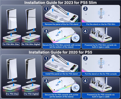 RGB Console Stand Compatible with PS5, Slim and Pro Models, Three-Speed Fan and Dual Controller Charging Dock
