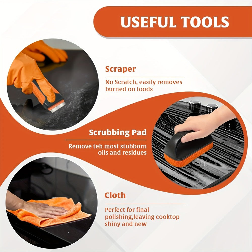Glass Stove and Cooktop Cleaner Kit with 12 oz Cleaner, Scraper, Scrubbing Pad, Handle and Cloth, Nine Pieces