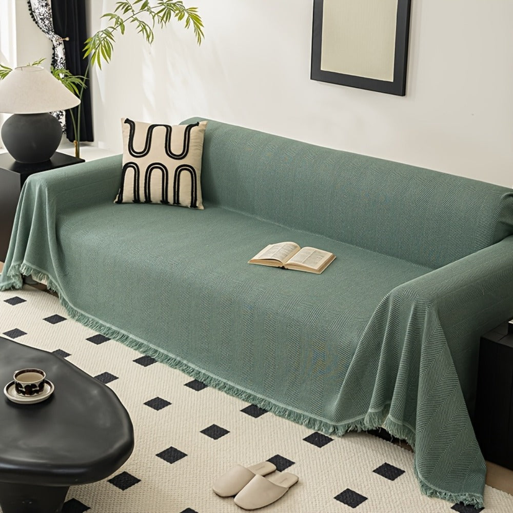 Sofa Cover 71-Inch Herringbone Jacquard Woven Throw with Tassel Fringe in Grey, Coffee, Green or Blue
