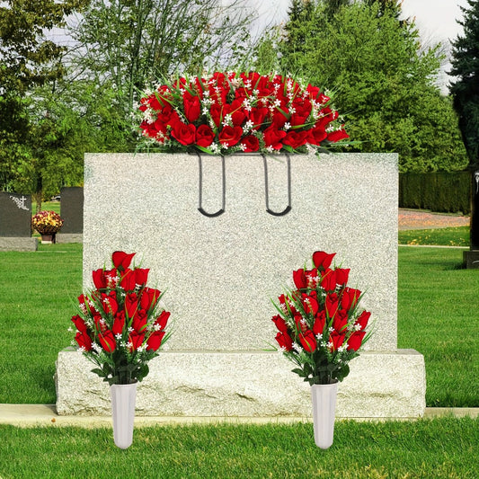 Artificial Flowers Silky Red Rose Memorial Set with Top Saddle, Side Vases or Three-Piece Option